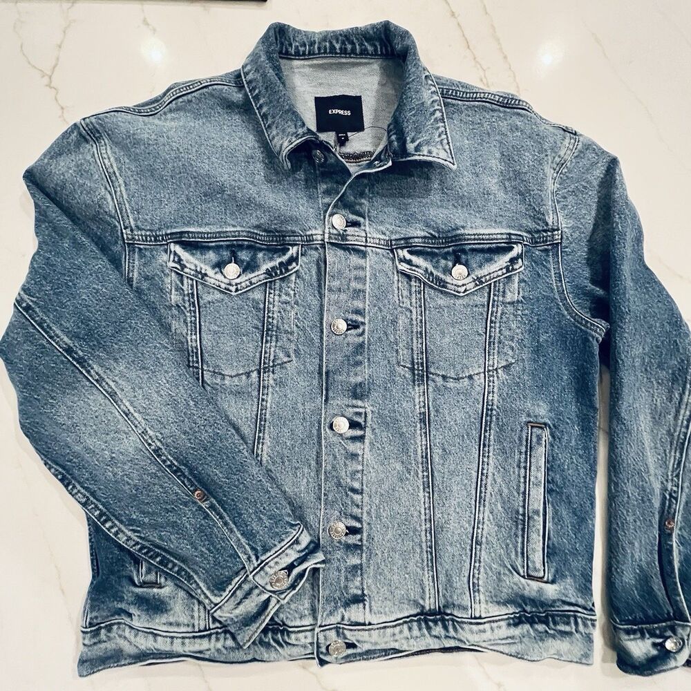 Classic Blue Denim Trucker Jean Jacket Womens M Grunge Basic Casual Express - Picture 2 of 16